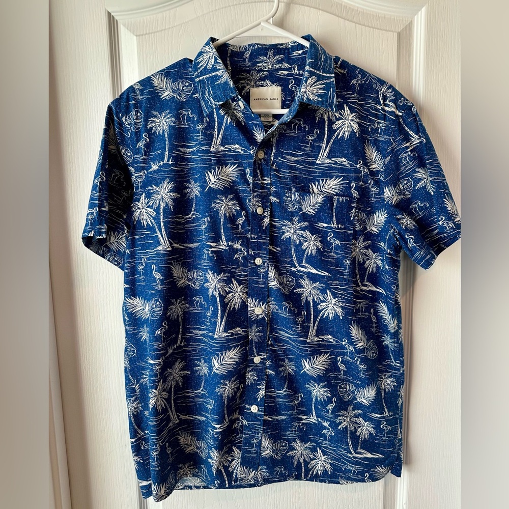American Eagle Blue Palm Flamingo Hawaiian Men's Shirt Medium M
